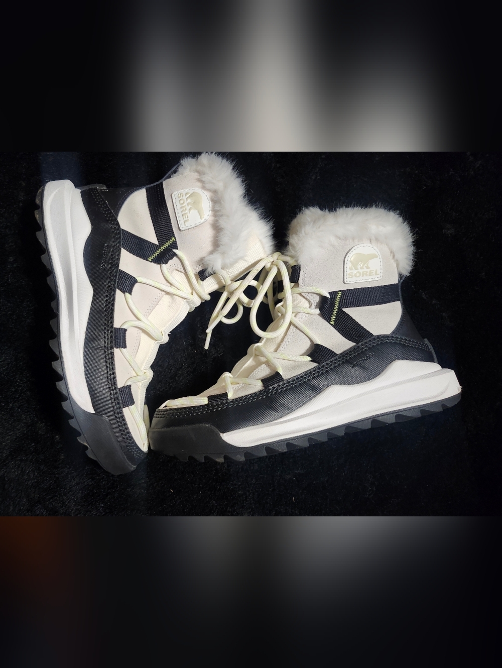 Sorel Cream & Black Lace-Up Faux Fur Winter Boots